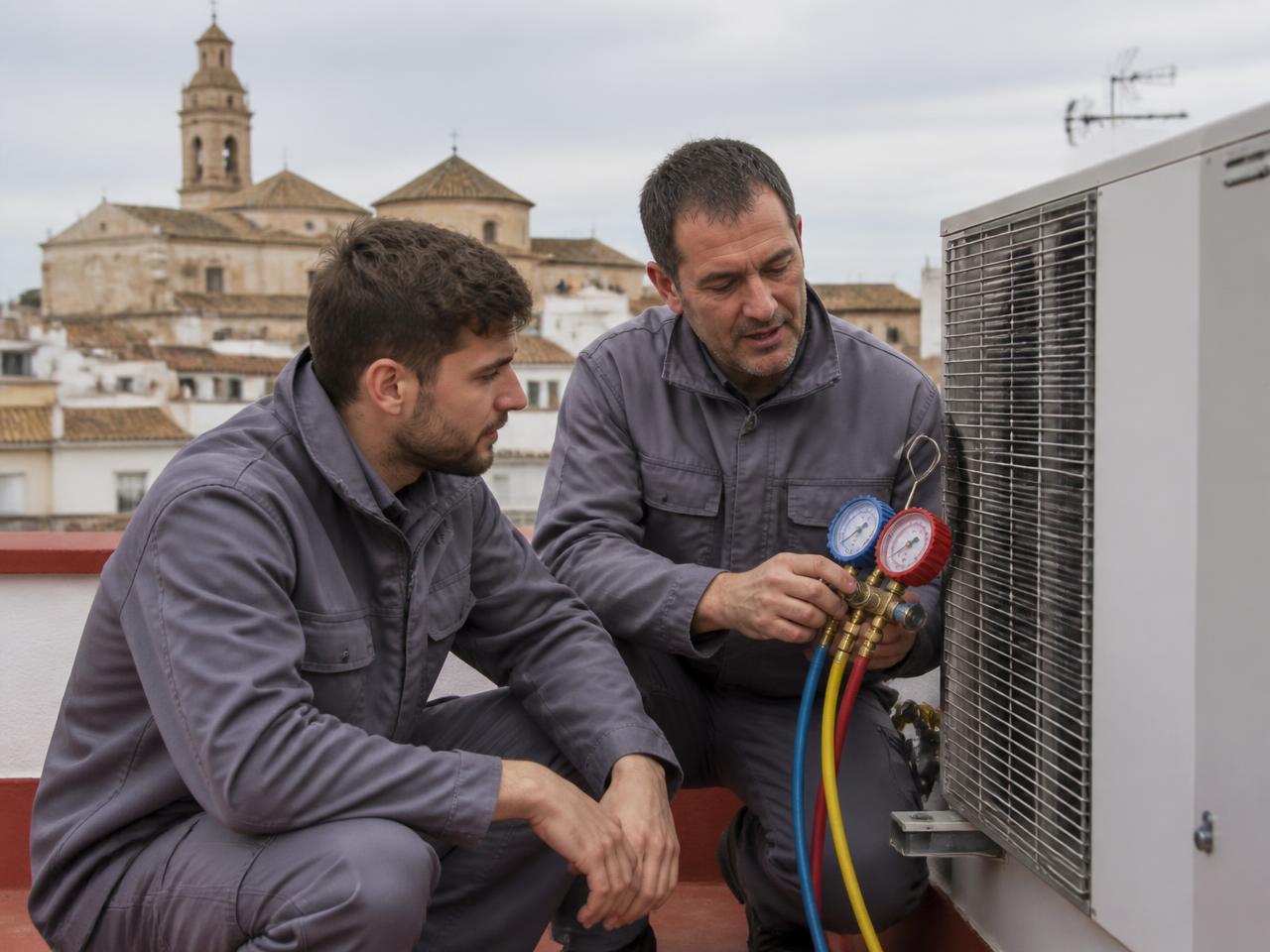 Dos técnicos de climatización sonriendo junto a una unidad exterior