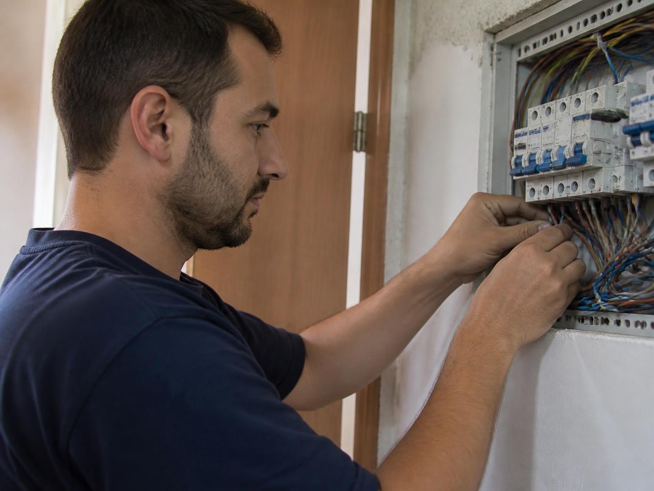 Instalador electricista conectando cables en un cuadro eléctrico