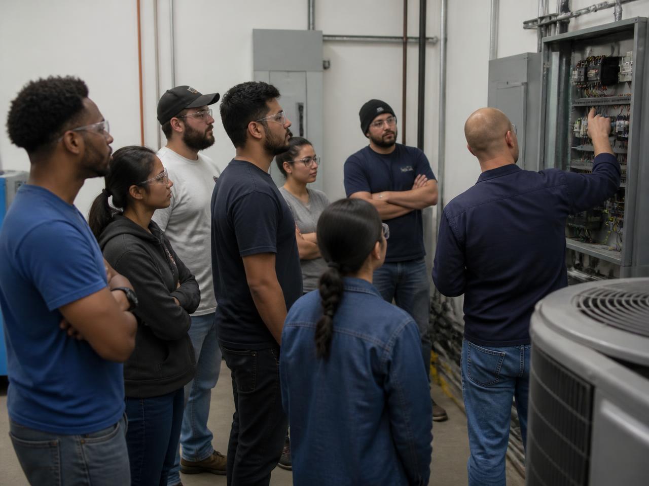Grupo de alumnos adultos atendiendo al formador en un taller técnico