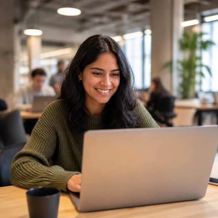 Mujer trabajando con su portátil en un espacio de coworking en España